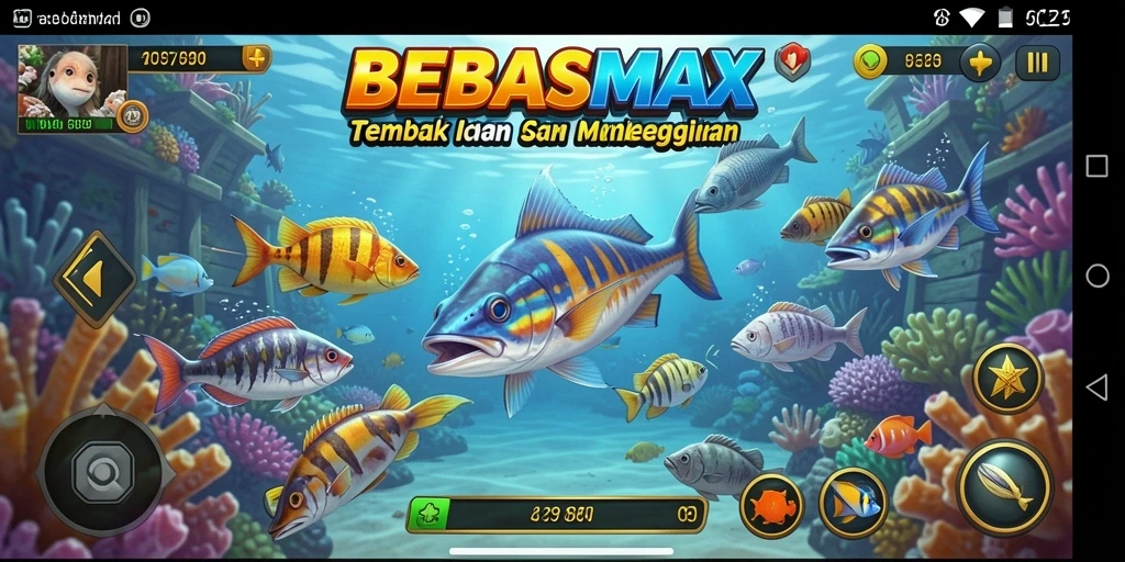 Tampilan utama game Tembak Ikan BEBASMAX yang penuh warna.