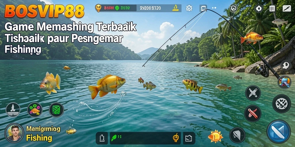 Screenshot gameplay BOSVIP88 yang menampilkan aksi memancing seru.