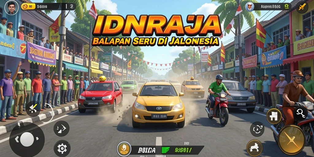 Tampilan gameplay seru di IDNRAJA dengan mobil balap yang cepat.
