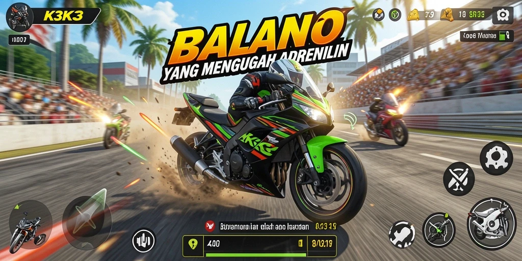 Tampilan gameplay K3K3 dengan balapan motor yang seru.