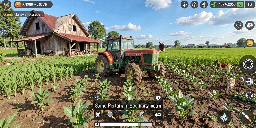 Tampilan gameplay KNO89 dengan ladang yang subur dan hewan ternak aktif.