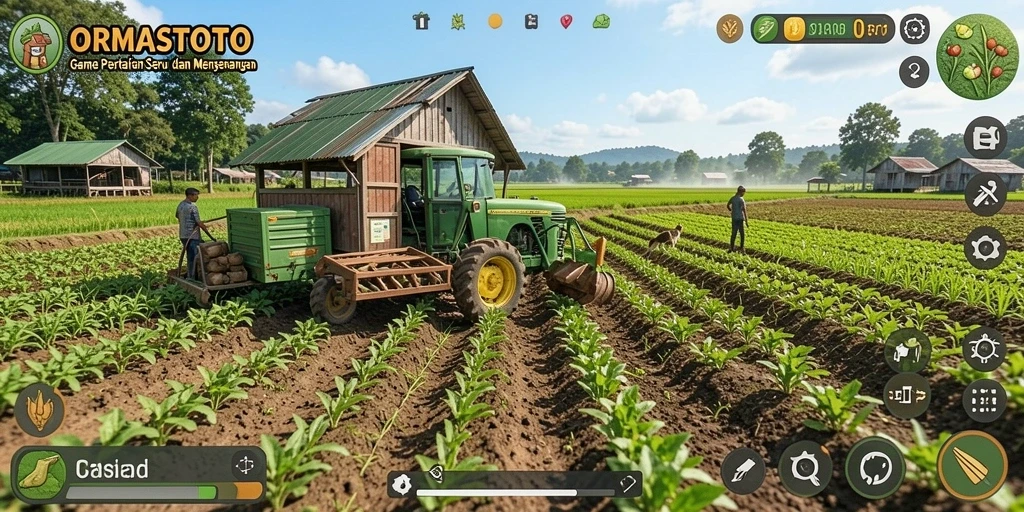 Tampilan gameplay ORMASTOTO dengan ladang subur yang siap dipanen.