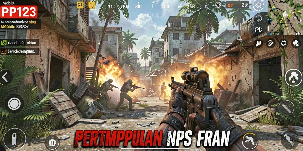 Screenshot utama PP123 menampilkan intense gameplay FPS dalam pertempuran.