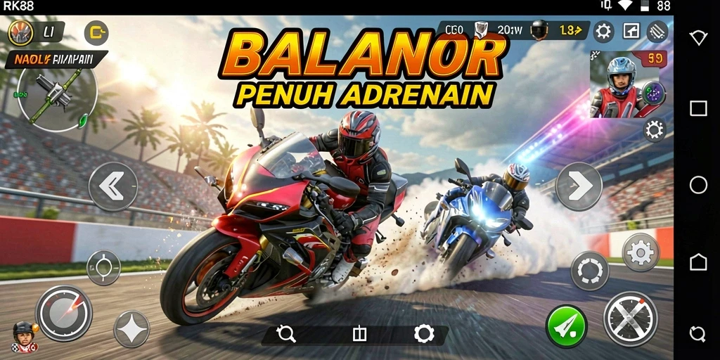 Gameplay mendebarkan di trek balap RK88 dengan motor yang bertenaga.